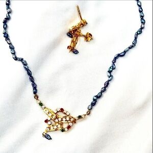 NEW! Cultured Freshwater Peacock Pearl Gold plated Kundan necklace earrings Set